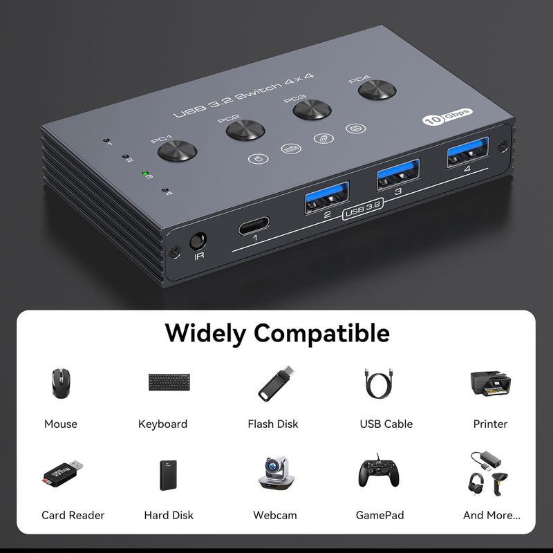 PVBCTCSID 10Gbps USB 3.2 Switch 4 Computers Share 4 Peripherals 4 Port USB Switcher for Mouse Keyboard Printer with Remote and Cables - Image 5